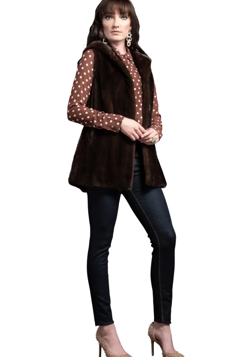 Hot American Hooded Vertical Mink Fur Vest Women Mink|Fur Vests