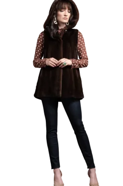 Hot American Hooded Vertical Mink Fur Vest Women Mink|Fur Vests