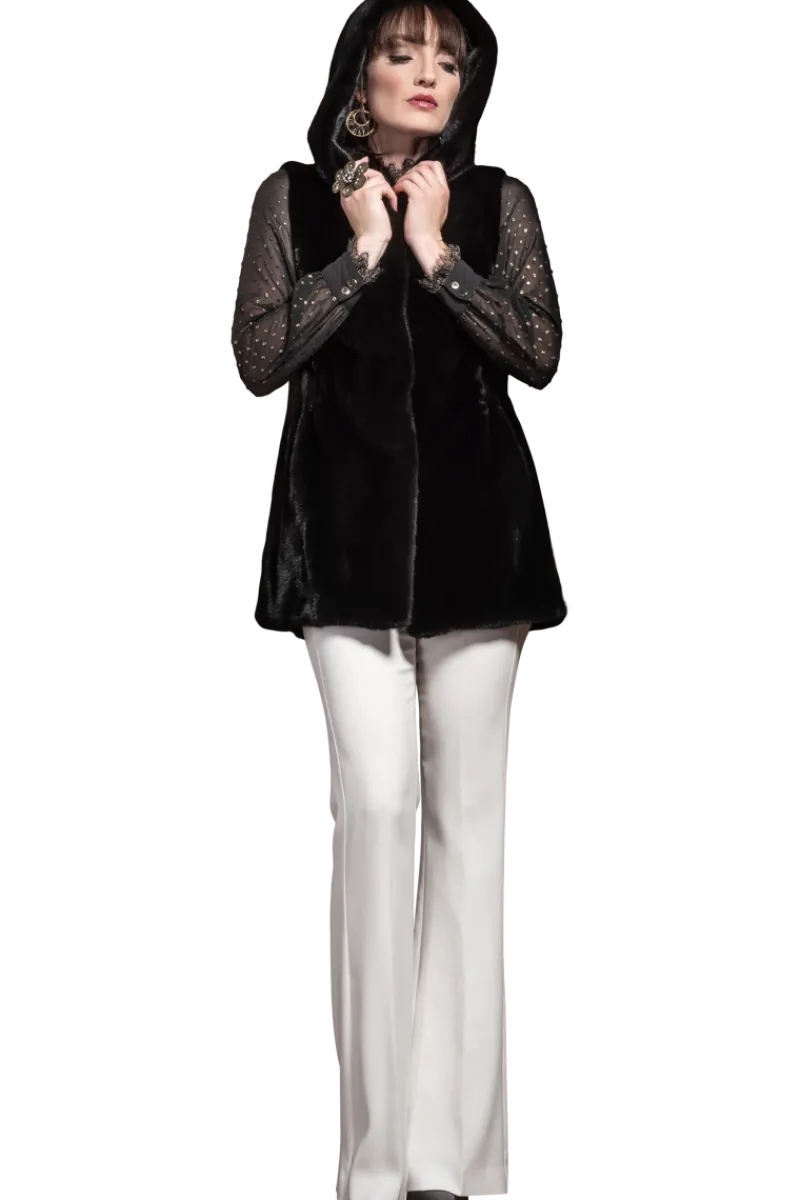 Hot American Hooded Vertical Mink Fur Vest Women Mink|Fur Vests