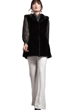 Hot American Hooded Vertical Mink Fur Vest Women Mink|Fur Vests
