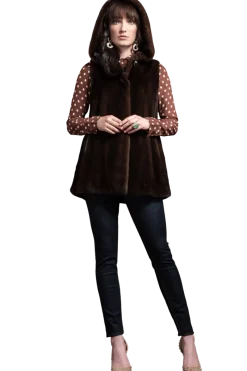 Hot American Hooded Vertical Mink Fur Vest Women Mink|Fur Vests