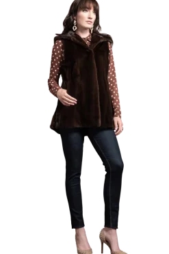 Hot American Hooded Vertical Mink Fur Vest Women Mink|Fur Vests