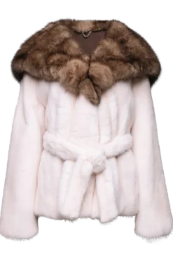 Belted Mink Fur Jacket - Tortora Sable Fur Hood Women Mink|Fur Jackets