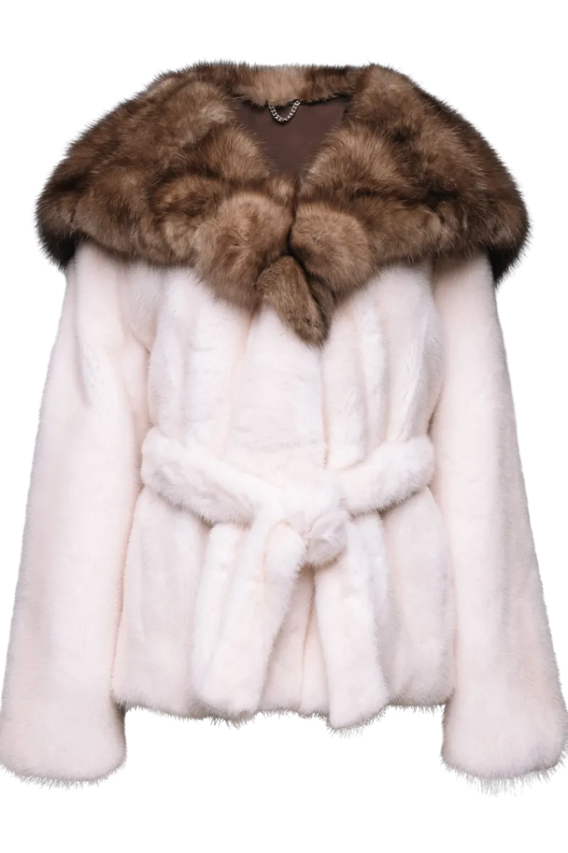 Belted Mink Fur Jacket - Tortora Sable Fur Hood Women Mink|Fur Jackets