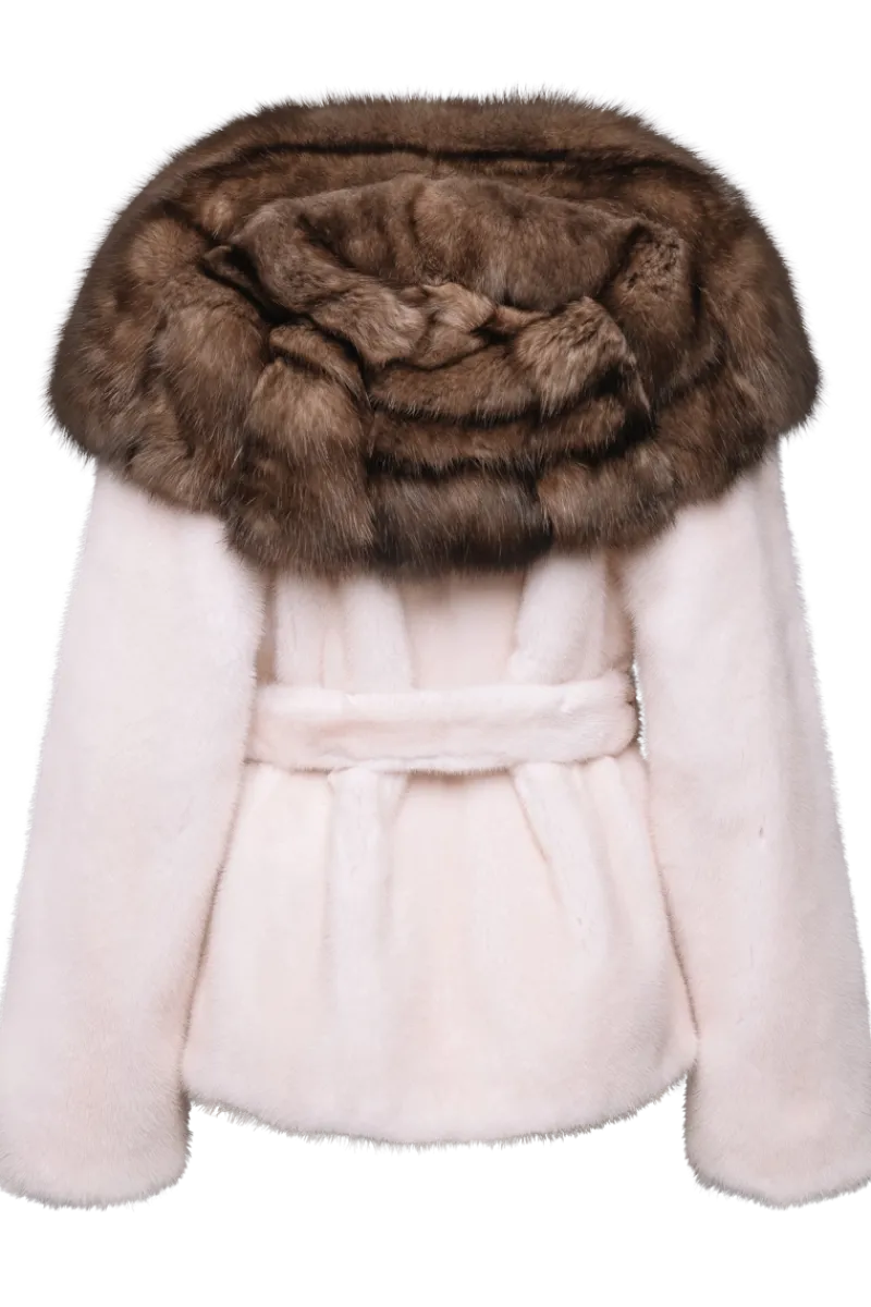 Belted Mink Fur Jacket - Tortora Sable Fur Hood Women Mink|Fur Jackets