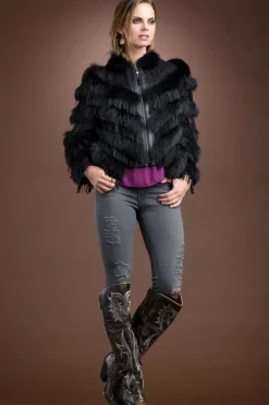 Black Fox and Suede Fringe Lace Fur Jacket Women Fur Jackets