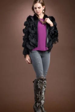 Black Fox and Suede Fringe Lace Fur Jacket Women Fur Jackets
