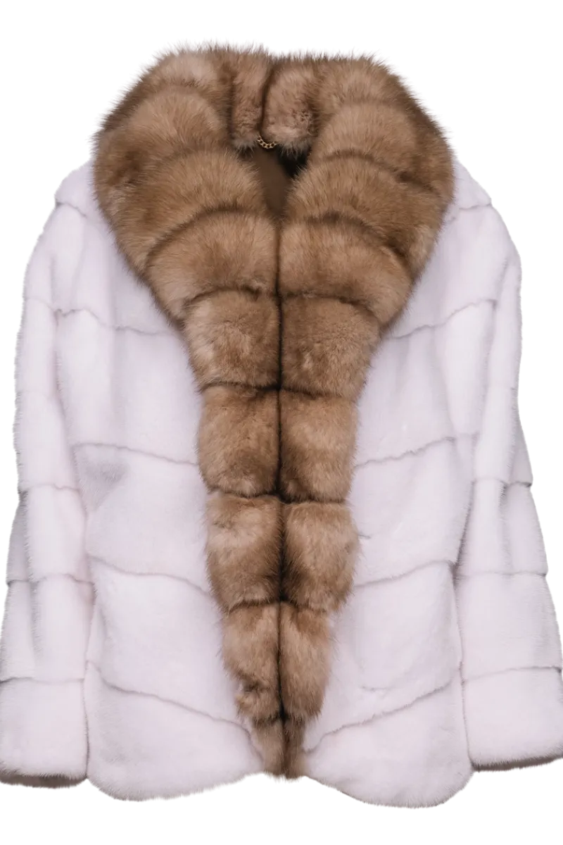 Online Chevron Snow White Mink Fur Jacket - Stone Marten Trim Women Mink|Fur Jackets