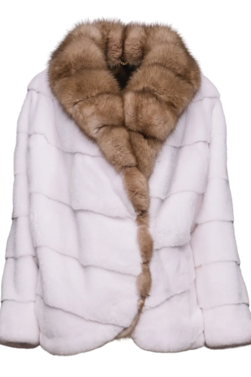 Online Chevron Snow White Mink Fur Jacket - Stone Marten Trim Women Mink|Fur Jackets
