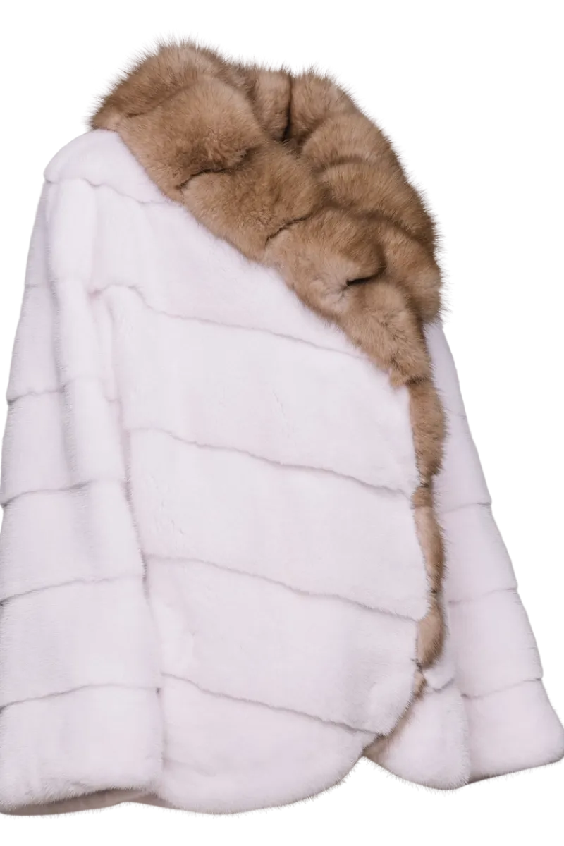 Online Chevron Snow White Mink Fur Jacket - Stone Marten Trim Women Mink|Fur Jackets