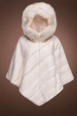 Clearance Diagonal & White Mink Fur Poncho - Fox Trimmed Hood Women Fur Jackets