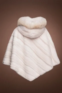 Clearance Diagonal & White Mink Fur Poncho - Fox Trimmed Hood Women Fur Jackets