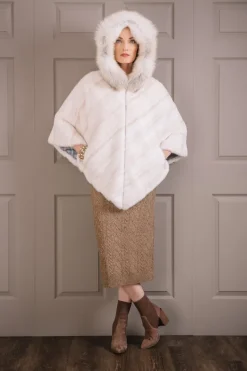 Clearance Diagonal & White Mink Fur Poncho - Fox Trimmed Hood Women Fur Jackets