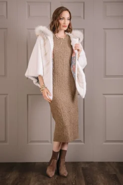 Clearance Diagonal & White Mink Fur Poncho - Fox Trimmed Hood Women Fur Jackets