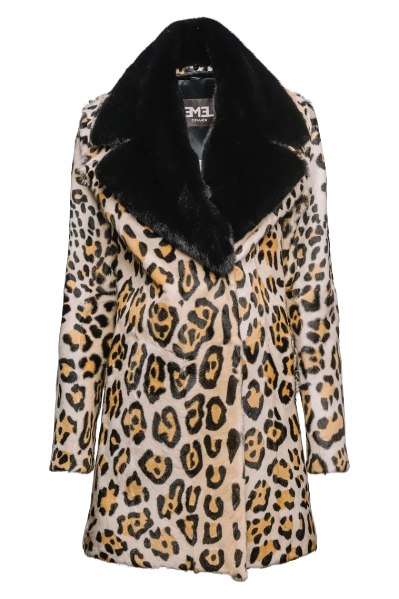 Sale Funny Girl Leopard Print Mid Length Kidskin Fur Coat - Removeable Mink Wing Collar Women Fur Coats