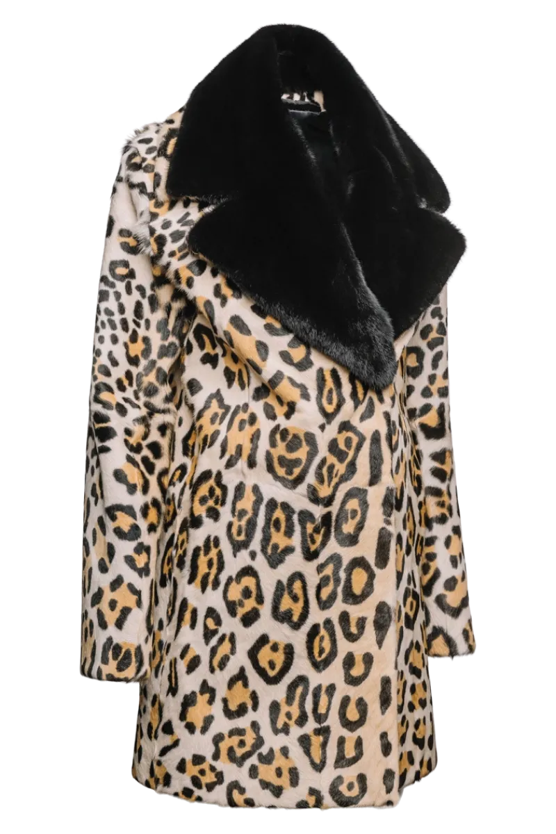Sale Funny Girl Leopard Print Mid Length Kidskin Fur Coat - Removeable Mink Wing Collar Women Fur Coats