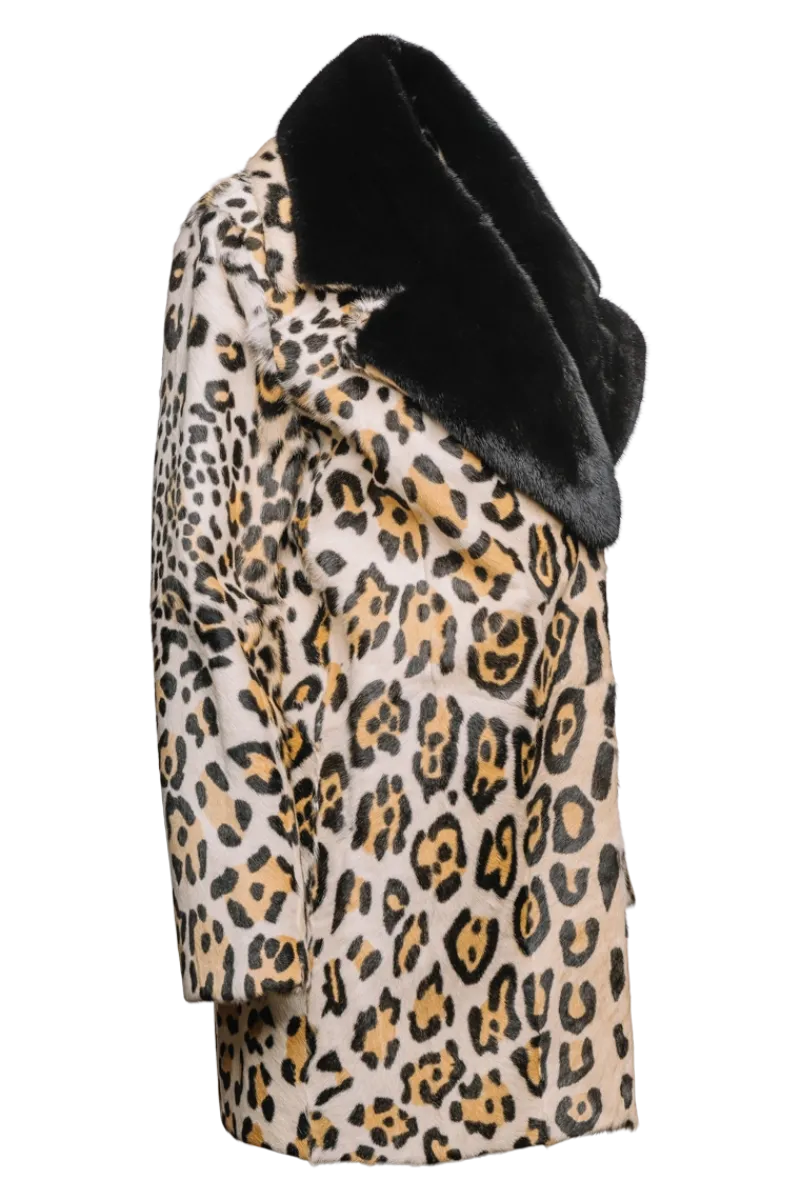 Sale Funny Girl Leopard Print Mid Length Kidskin Fur Coat - Removeable Mink Wing Collar Women Fur Coats