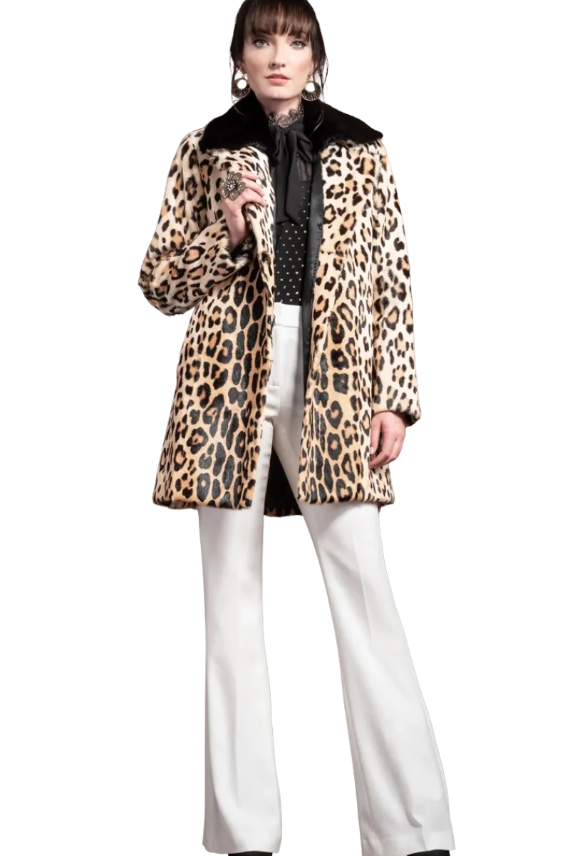 Sale Funny Girl Leopard Print Mid Length Kidskin Fur Coat - Removeable Mink Wing Collar Women Fur Coats