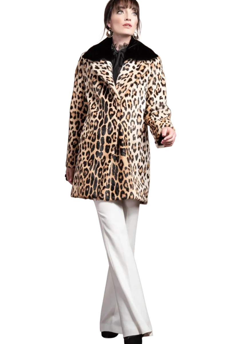 Sale Funny Girl Leopard Print Mid Length Kidskin Fur Coat - Removeable Mink Wing Collar Women Fur Coats