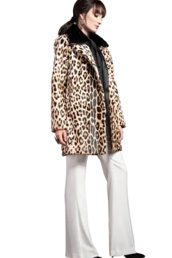 Sale Funny Girl Leopard Print Mid Length Kidskin Fur Coat - Removeable Mink Wing Collar Women Fur Coats