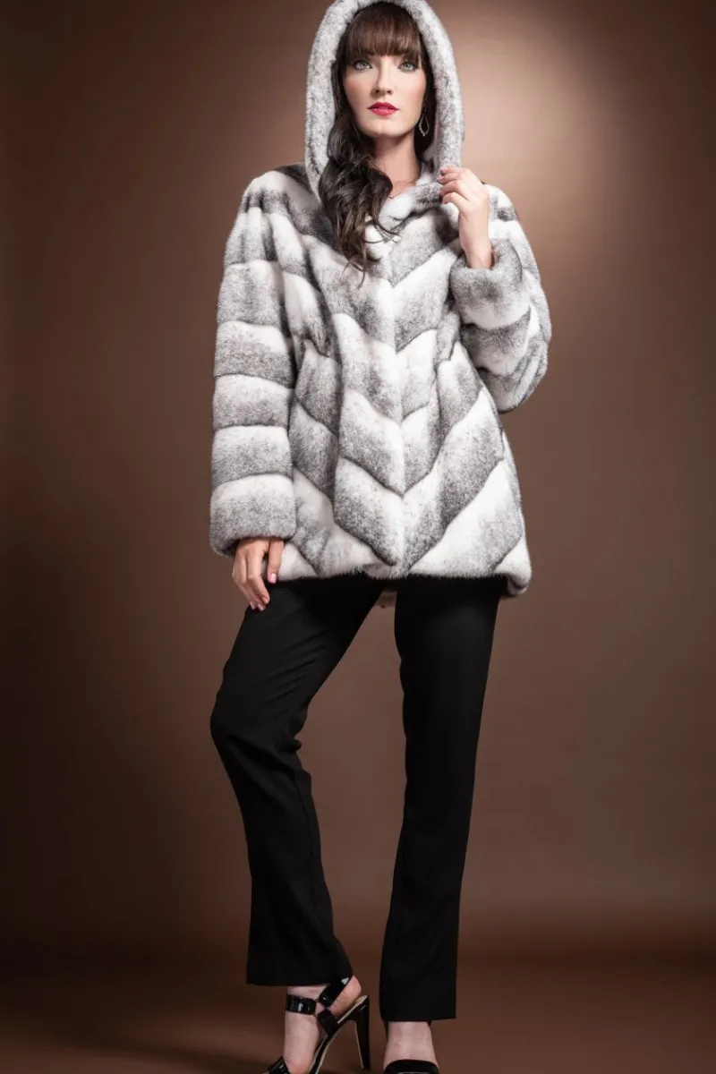 Hot Hooded Chevron Mink Fur Jacket Women Fur Jackets