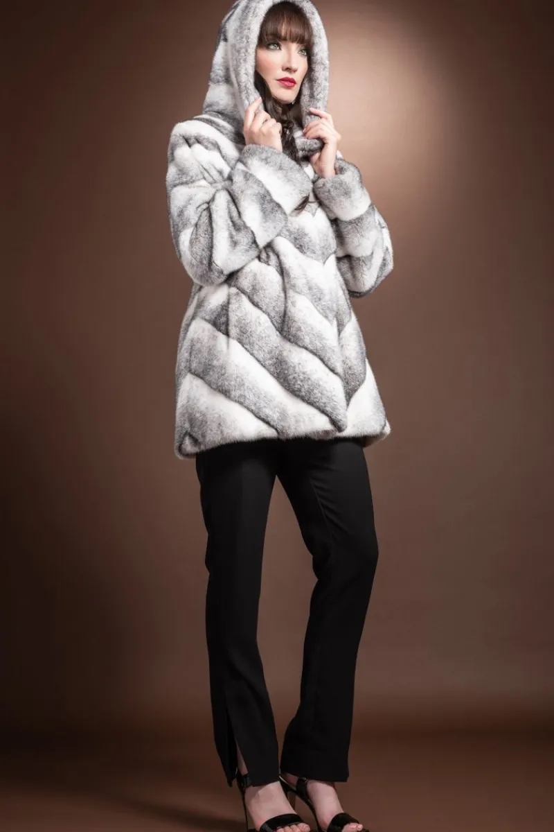 Hot Hooded Chevron Mink Fur Jacket Women Fur Jackets