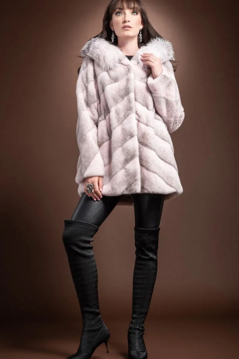 Sale Hooded Diagonal Light Pink Cross Mink and Fox Fur Jacket Women Fur Jackets