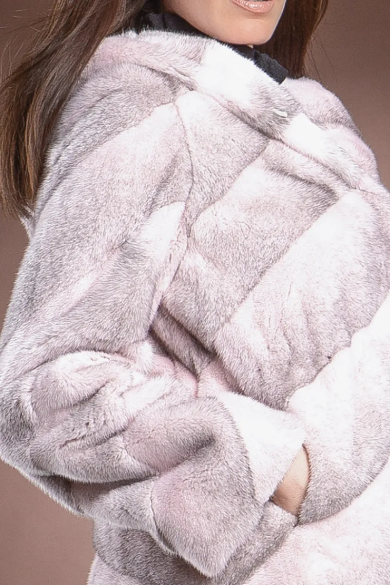 Sale Hooded Diagonal Light Pink Cross Mink and Fox Fur Jacket Women Fur Jackets