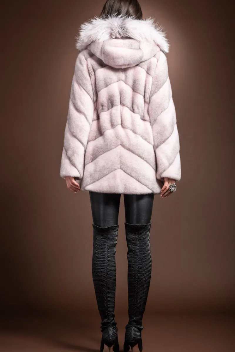 Sale Hooded Diagonal Light Pink Cross Mink and Fox Fur Jacket Women Fur Jackets