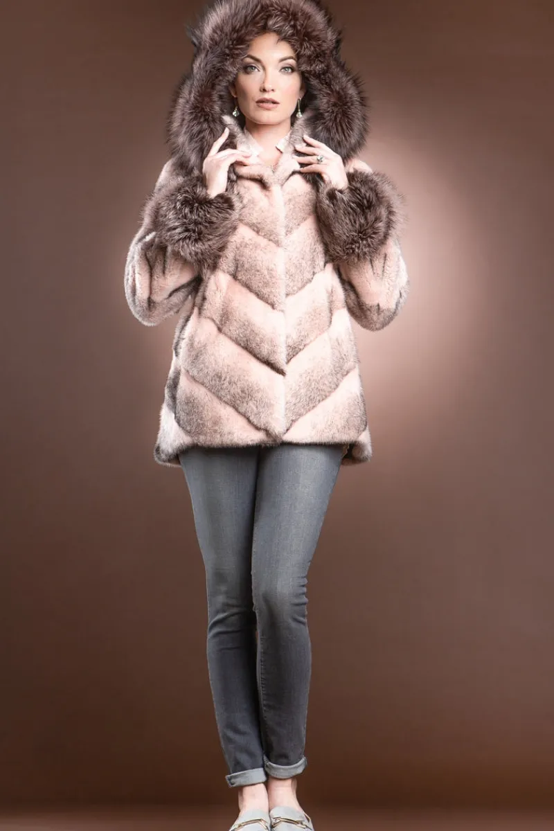 Hooded Directional Chevron Mink Fur Jacket - Fox Fur Hood Trim and Cuffs Women Fur Jackets