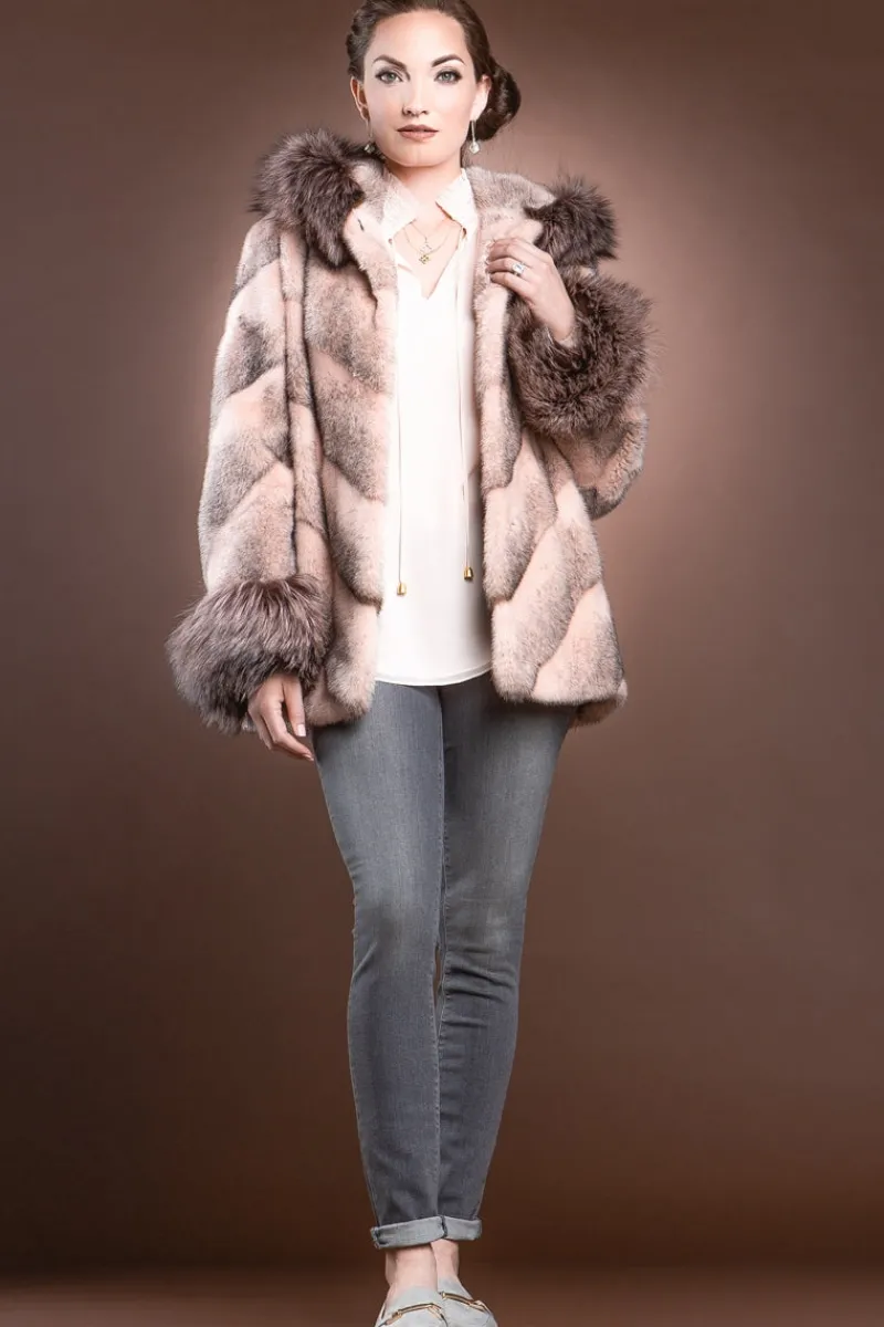 Hooded Directional Chevron Mink Fur Jacket - Fox Fur Hood Trim and Cuffs Women Fur Jackets