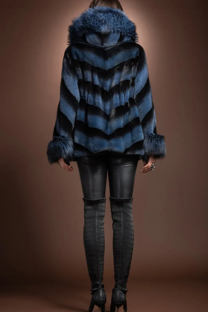 Hooded Directional Chevron Mink Fur Jacket - Fox Fur Hood Trim and Cuffs Women Fur Jackets