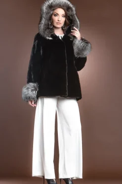 Hooded Directional Chevron Mink Fur Jacket - Fox Fur Hood Trim and Cuffs Women Fur Jackets