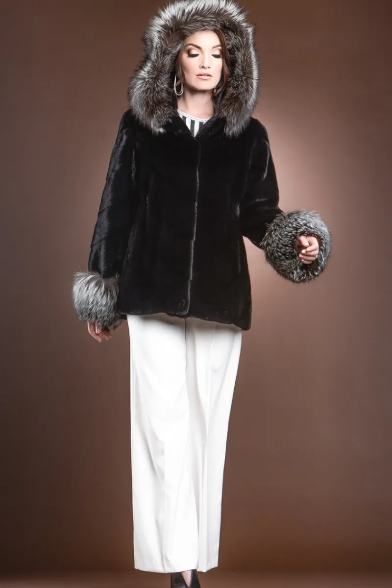 Hooded Directional Chevron Mink Fur Jacket - Fox Fur Hood Trim and Cuffs Women Fur Jackets