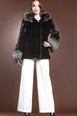 Hooded Directional Chevron Mink Fur Jacket - Fox Fur Hood Trim and Cuffs Women Fur Jackets