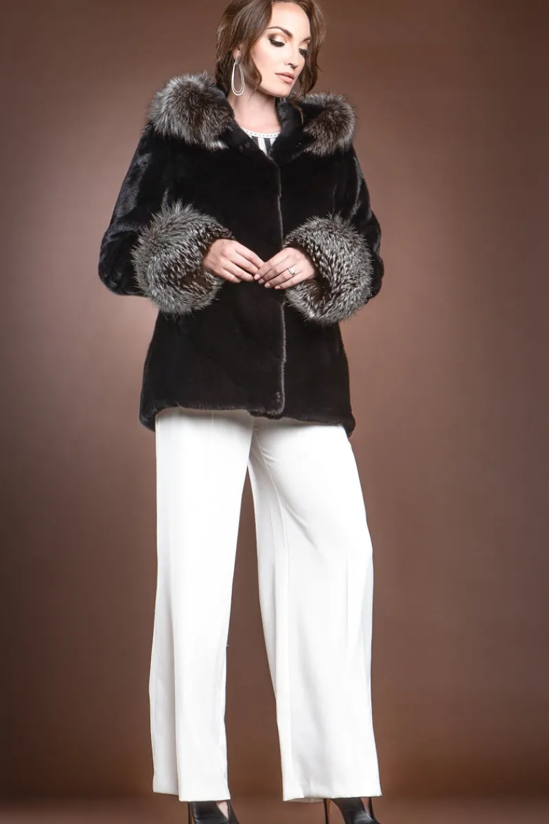 Hooded Directional Chevron Mink Fur Jacket - Fox Fur Hood Trim and Cuffs Women Fur Jackets