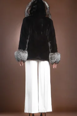 Hooded Directional Chevron Mink Fur Jacket - Fox Fur Hood Trim and Cuffs Women Fur Jackets