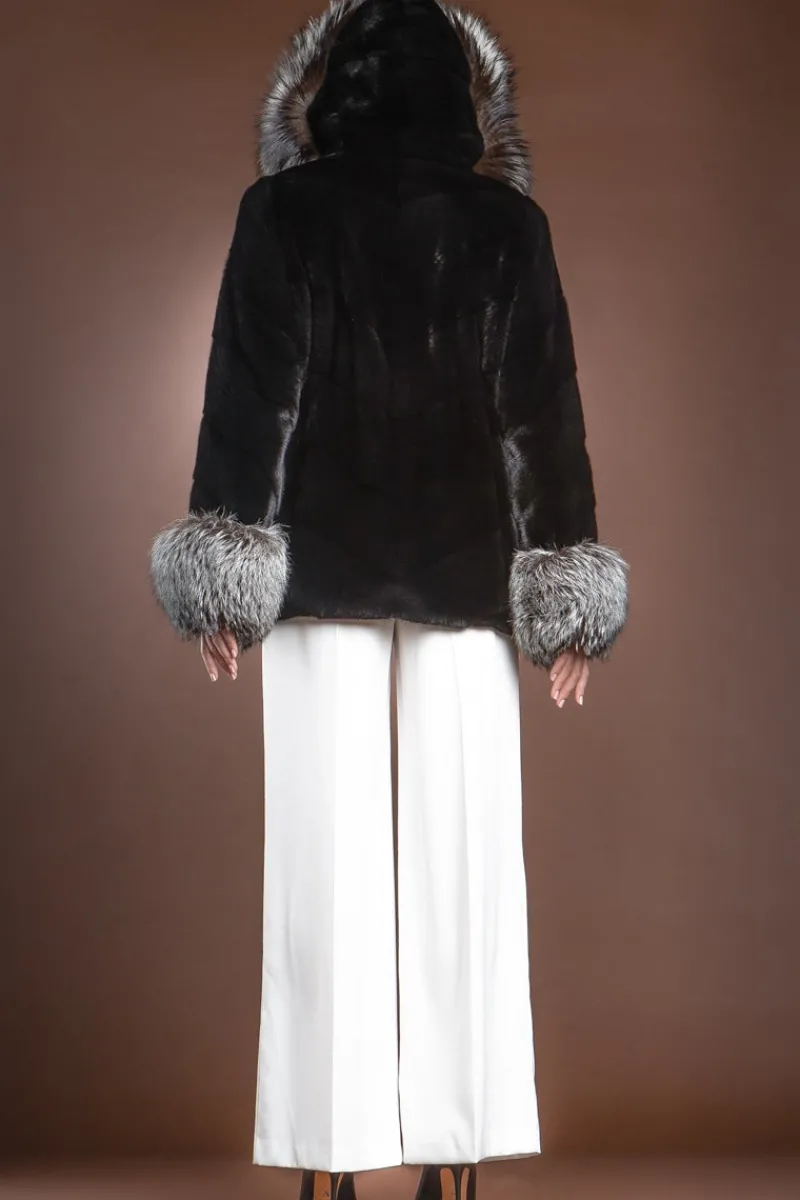 Hooded Directional Chevron Mink Fur Jacket - Fox Fur Hood Trim and Cuffs Women Fur Jackets