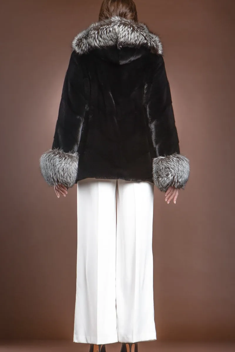 Hooded Directional Chevron Mink Fur Jacket - Fox Fur Hood Trim and Cuffs Women Fur Jackets