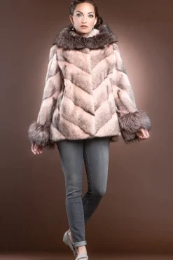Hooded Directional Chevron Mink Fur Jacket - Fox Fur Hood Trim and Cuffs Women Fur Jackets