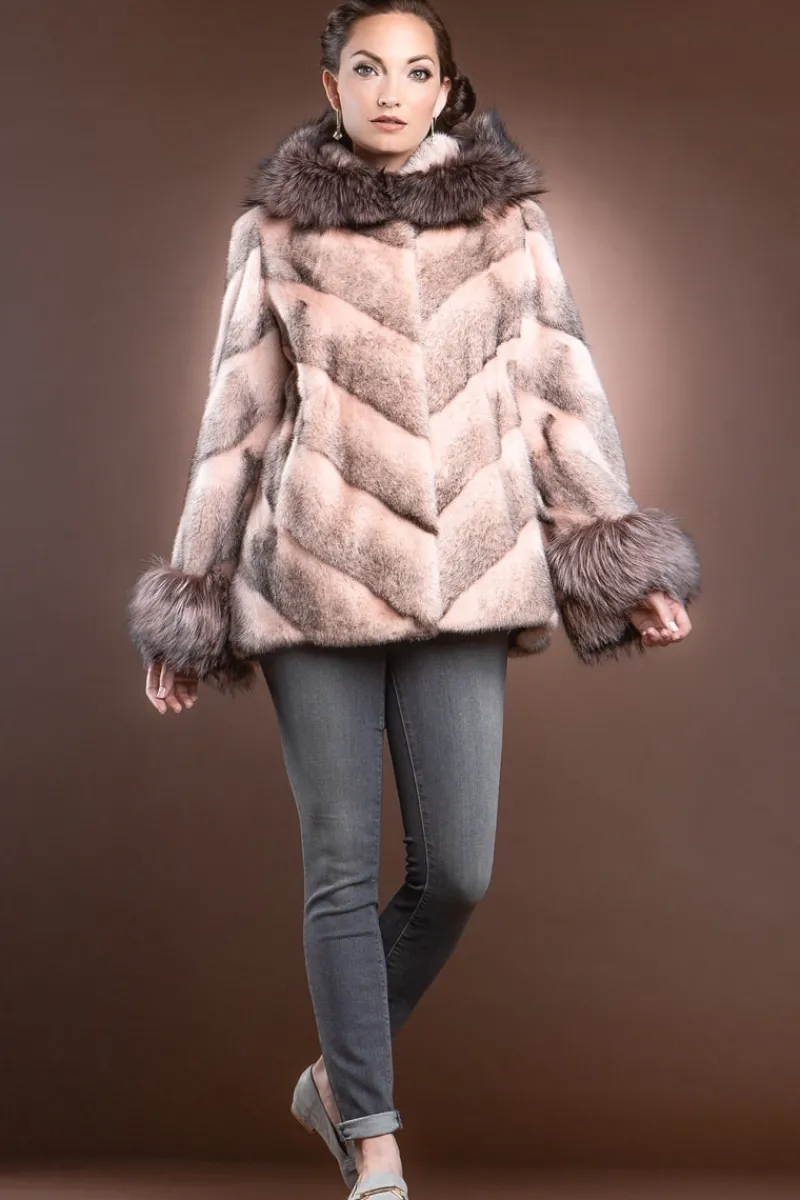 Hooded Directional Chevron Mink Fur Jacket - Fox Fur Hood Trim and Cuffs Women Fur Jackets