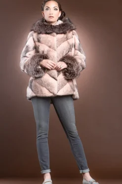 Hooded Directional Chevron Mink Fur Jacket - Fox Fur Hood Trim and Cuffs Women Fur Jackets