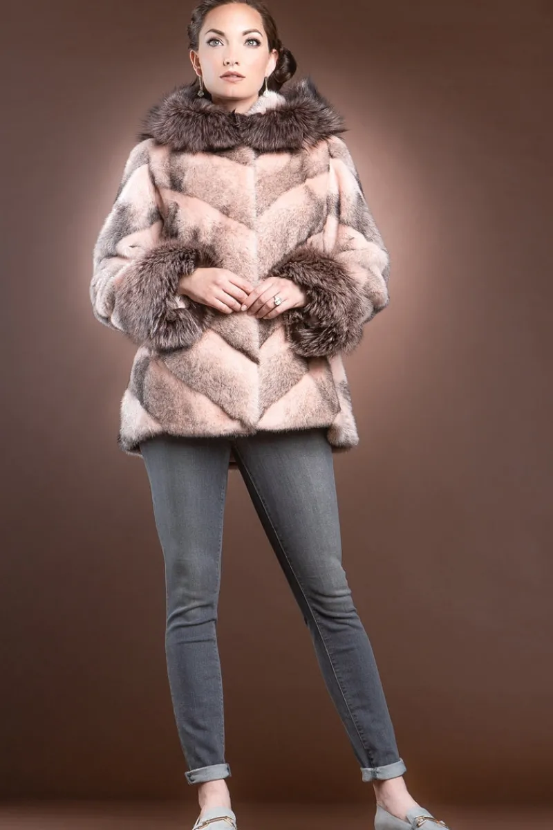 Hooded Directional Chevron Mink Fur Jacket - Fox Fur Hood Trim and Cuffs Women Fur Jackets