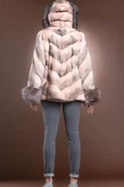 Hooded Directional Chevron Mink Fur Jacket - Fox Fur Hood Trim and Cuffs Women Fur Jackets