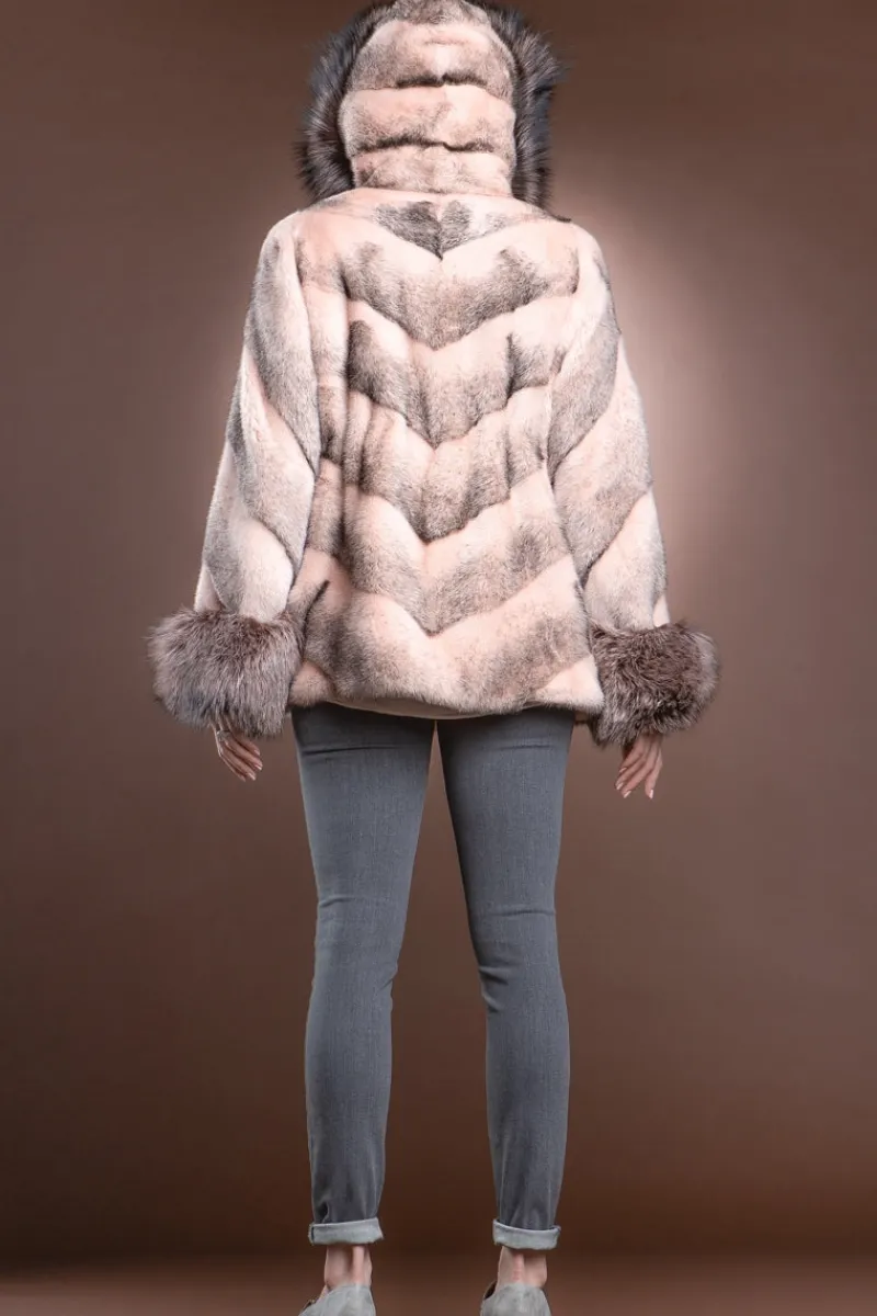 Hooded Directional Chevron Mink Fur Jacket - Fox Fur Hood Trim and Cuffs Women Fur Jackets