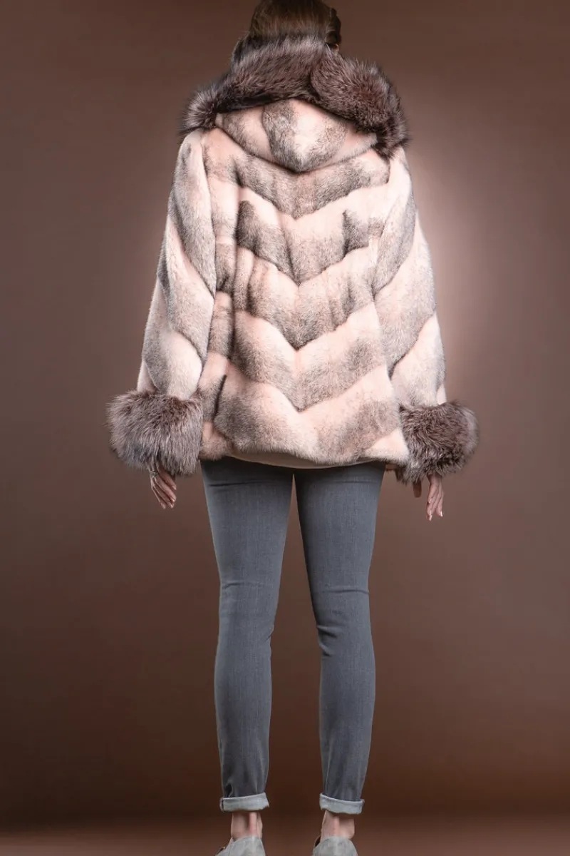 Hooded Directional Chevron Mink Fur Jacket - Fox Fur Hood Trim and Cuffs Women Fur Jackets