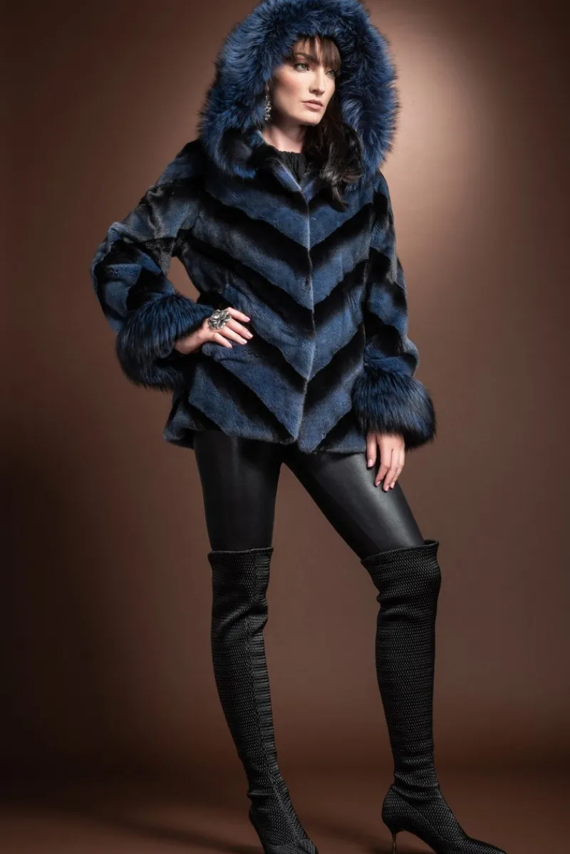 Hooded Directional Chevron Mink Fur Jacket - Fox Fur Hood Trim and Cuffs Women Fur Jackets