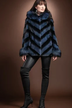 Hooded Directional Chevron Mink Fur Jacket - Fox Fur Hood Trim and Cuffs Women Fur Jackets