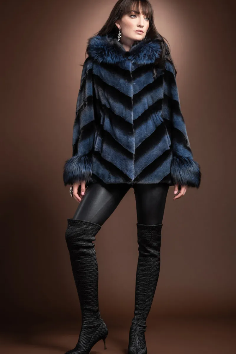 Hooded Directional Chevron Mink Fur Jacket - Fox Fur Hood Trim and Cuffs Women Fur Jackets