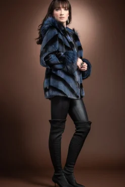 Hooded Directional Chevron Mink Fur Jacket - Fox Fur Hood Trim and Cuffs Women Fur Jackets